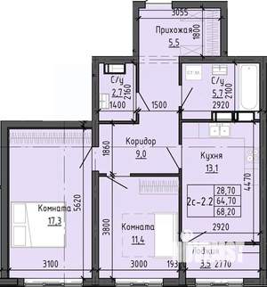 2-к квартира, строящийся дом, 68м2, 15/25 этаж