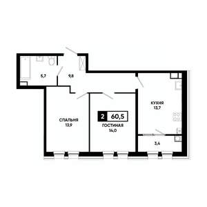 2-к квартира, вторичка, 61м2, 6/16 этаж
