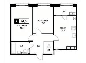 2-к квартира, вторичка, 61м2, 18/18 этаж