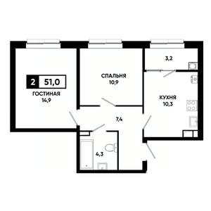 2-к квартира, вторичка, 51м2, 10/19 этаж