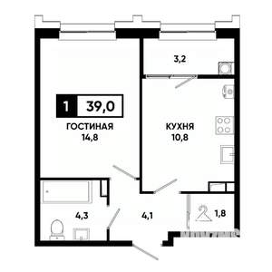 1-к квартира, вторичка, 39м2, 6/21 этаж