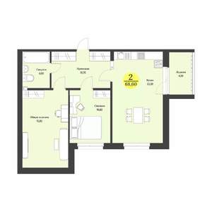 2-к квартира, строящийся дом, 69м2, 10/12 этаж
