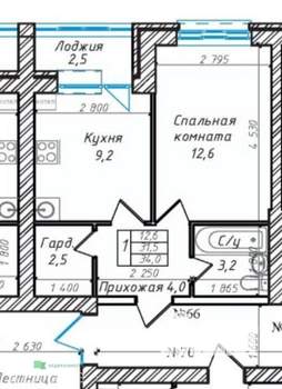 1-к квартира, вторичка, 35м2, 1/4 этаж