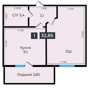 1-к квартира, строящийся дом, 33м2, 3/16 этаж