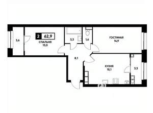 2-к квартира, вторичка, 63м2, 14/20 этаж