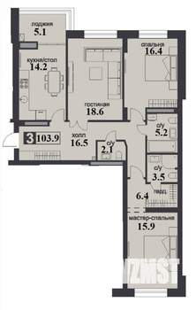 3-к квартира, строящийся дом, 104м2, 3/12 этаж