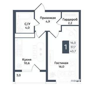 1-к квартира, вторичка, 41м2, 12/22 этаж