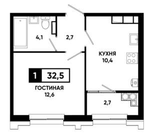 1-к квартира, строящийся дом, 33м2, 19/21 этаж