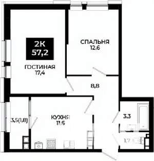 2-к квартира, вторичка, 57м2, 12/24 этаж