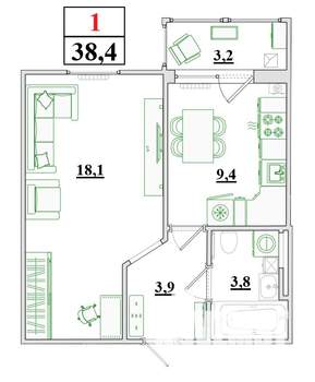 1-к квартира, строящийся дом, 38м2, 8/9 этаж