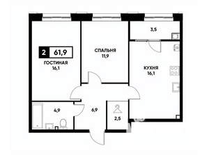 2-к квартира, вторичка, 62м2, 2/16 этаж