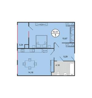 1-к квартира, строящийся дом, 43м2, 1/4 этаж
