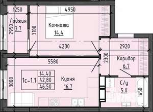 1-к квартира, строящийся дом, 46м2, 16/25 этаж