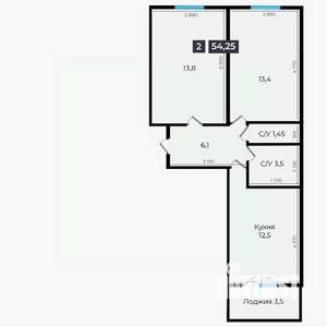 2-к квартира, строящийся дом, 54м2, 12/16 этаж