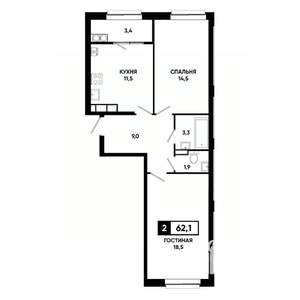2-к квартира, строящийся дом, 62м2, 13/19 этаж