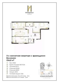 3-к квартира, вторичка, 135м2, 8/12 этаж