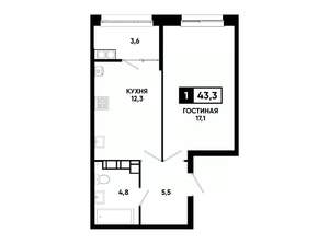 1-к квартира, вторичка, 43м2, 17/24 этаж