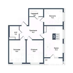 3-к квартира, вторичка, 89м2, 11/20 этаж