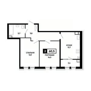 2-к квартира, вторичка, 61м2, 9/16 этаж
