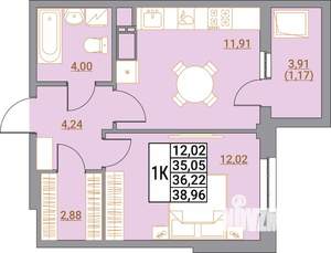 1-к квартира, вторичка, 39м2, 15/21 этаж