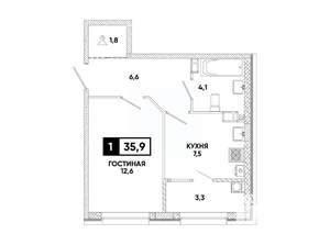 1-к квартира, вторичка, 36м2, 3/12 этаж