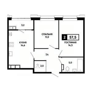 2-к квартира, вторичка, 58м2, 14/20 этаж