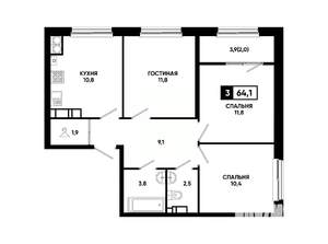 3-к квартира, вторичка, 64м2, 13/24 этаж