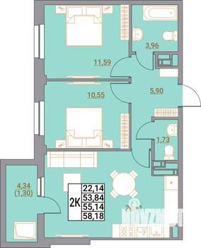 2-к квартира, вторичка, 58м2, 14/21 этаж