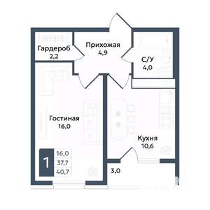 1-к квартира, вторичка, 41м2, 5/20 этаж