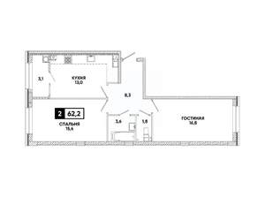 2-к квартира, вторичка, 62м2, 7/16 этаж