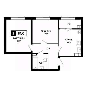 2-к квартира, вторичка, 51м2, 9/19 этаж