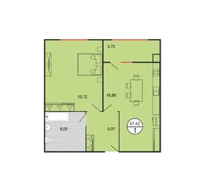 1-к квартира, строящийся дом, 47м2, 1/6 этаж