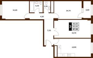 3-к квартира, строящийся дом, 88м2, 2/14 этаж