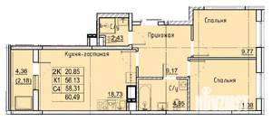 2-к квартира, строящийся дом, 60м2, 16/21 этаж