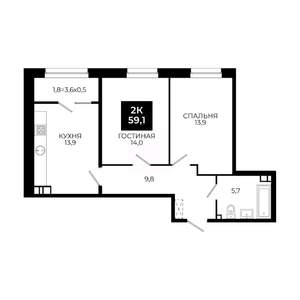 2-к квартира, вторичка, 59м2, 9/24 этаж