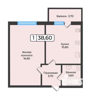1-к квартира, строящийся дом, 39м2, 3/5 этаж