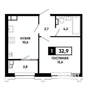 1-к квартира, строящийся дом, 33м2, 9/21 этаж