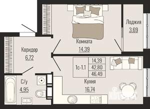1-к квартира, вторичка, 46м2, 6/25 этаж