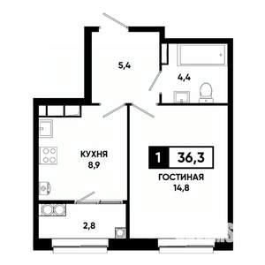 1-к квартира, вторичка, 36м2, 16/19 этаж