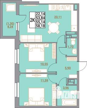 2-к квартира, вторичка, 58м2, 21/21 этаж