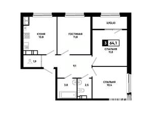 3-к квартира, вторичка, 64м2, 16/24 этаж
