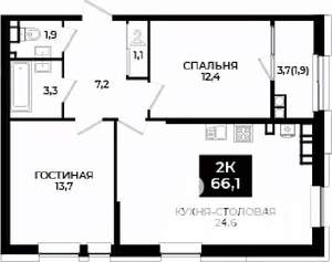 1-к квартира, вторичка, 66м2, 21/24 этаж