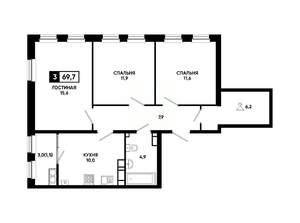 3-к квартира, вторичка, 70м2, 17/24 этаж