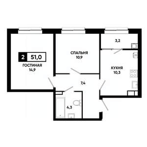 2-к квартира, строящийся дом, 51м2, 6/19 этаж