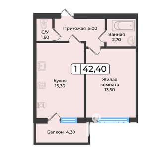 1-к квартира, вторичка, 42м2, 1/5 этаж