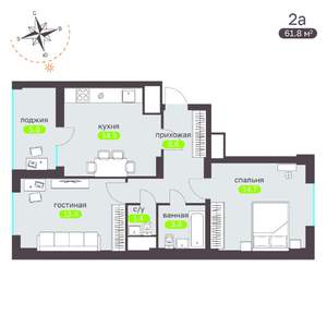 2-к квартира, вторичка, 61м2, 1/19 этаж