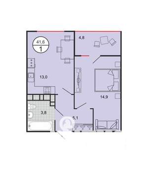 1-к квартира, вторичка, 42м2, 10/19 этаж