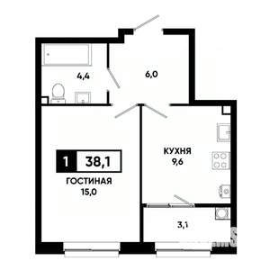 1-к квартира, строящийся дом, 38м2, 2/19 этаж