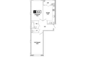2-к квартира, вторичка, 62м2, 13/16 этаж