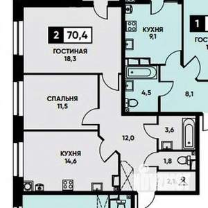 2-к квартира, вторичка, 70м2, 14/16 этаж